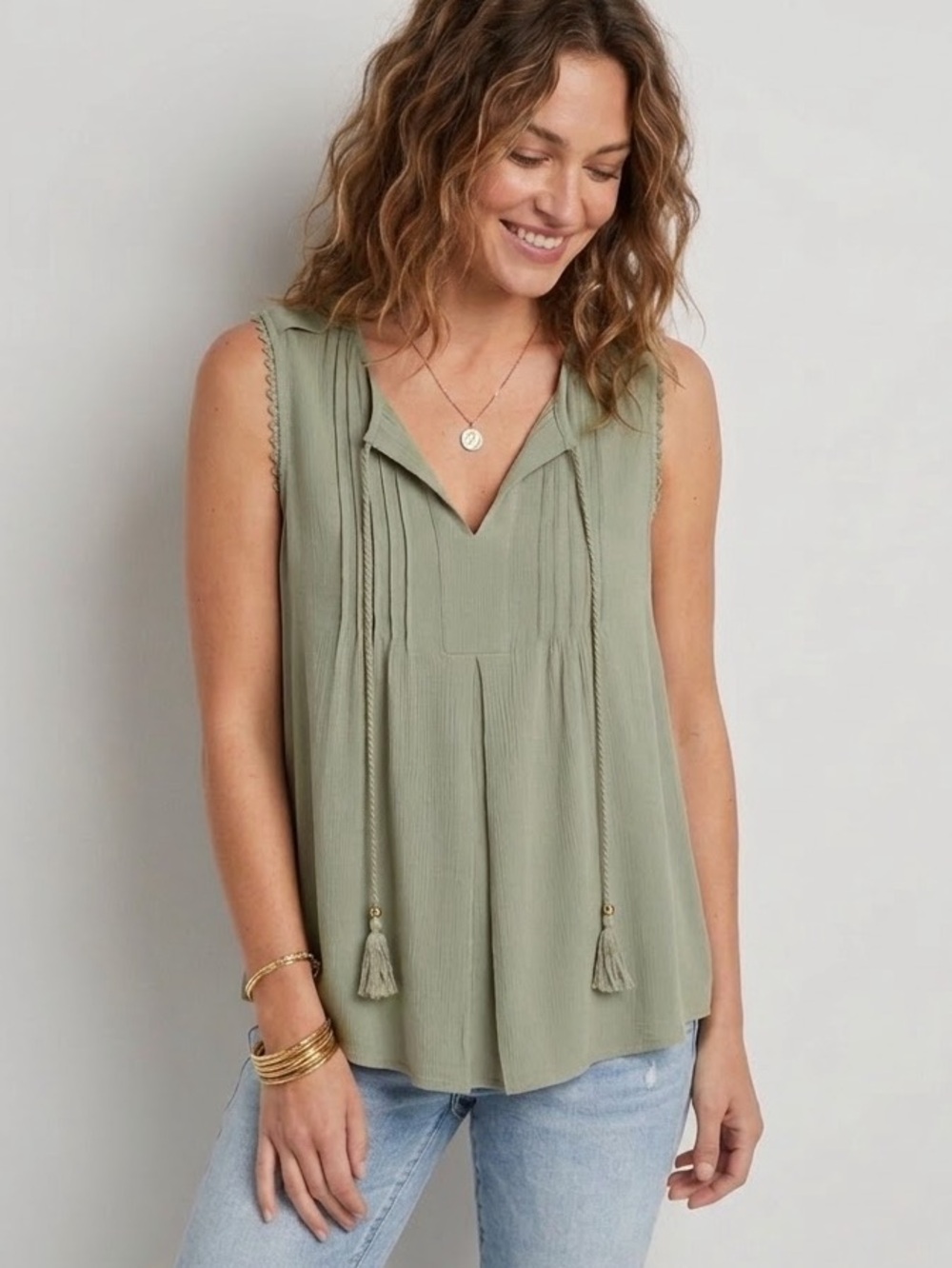 Knox Rose Sage Green Boho Peasant Tank Top Tassels Small